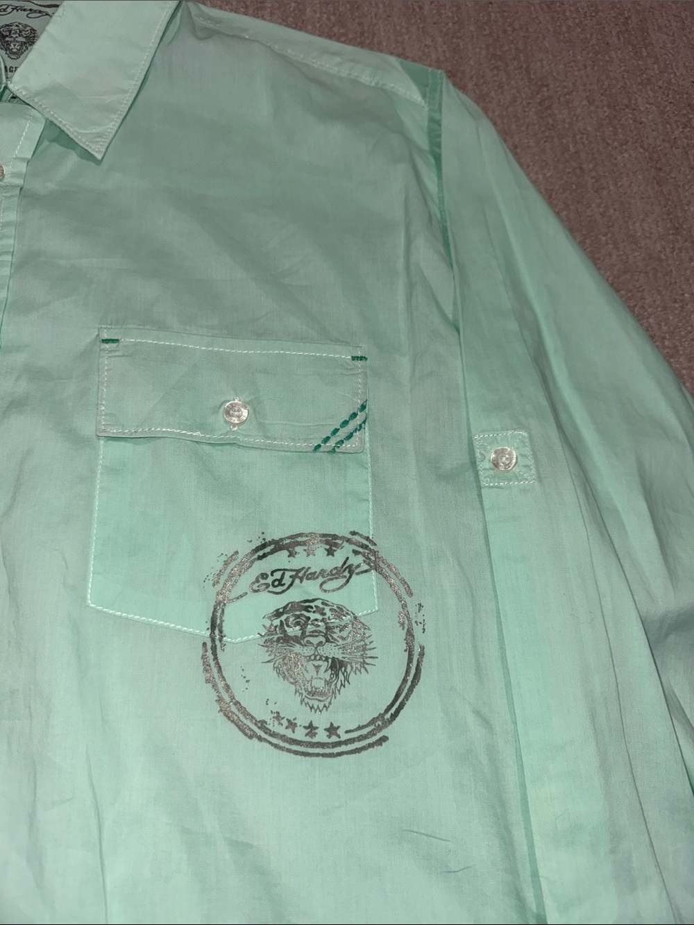 Vintage Ed Hardy Mens XL Mint Green Graphic Long Sleeve Button Up Shirt Y2K - Picture 5 of 12